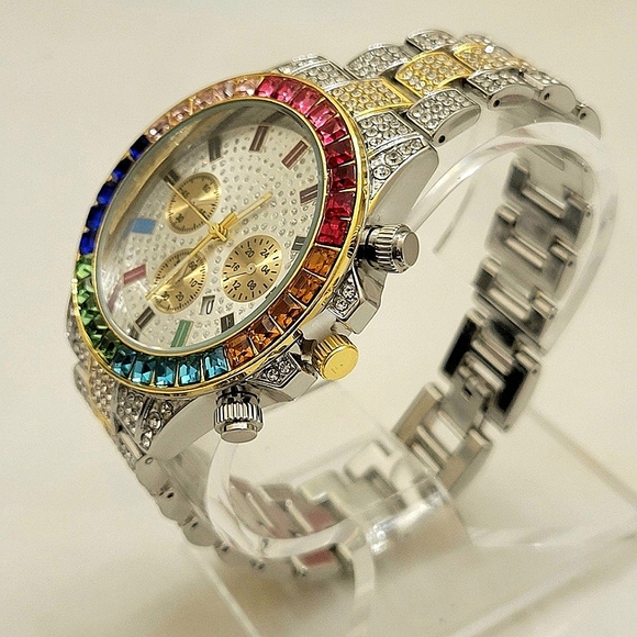 Men's Luxury Iced Crystal Rainbow Inlaid Simulated Diamond Steel Quart Watch - Picture 3 of 10